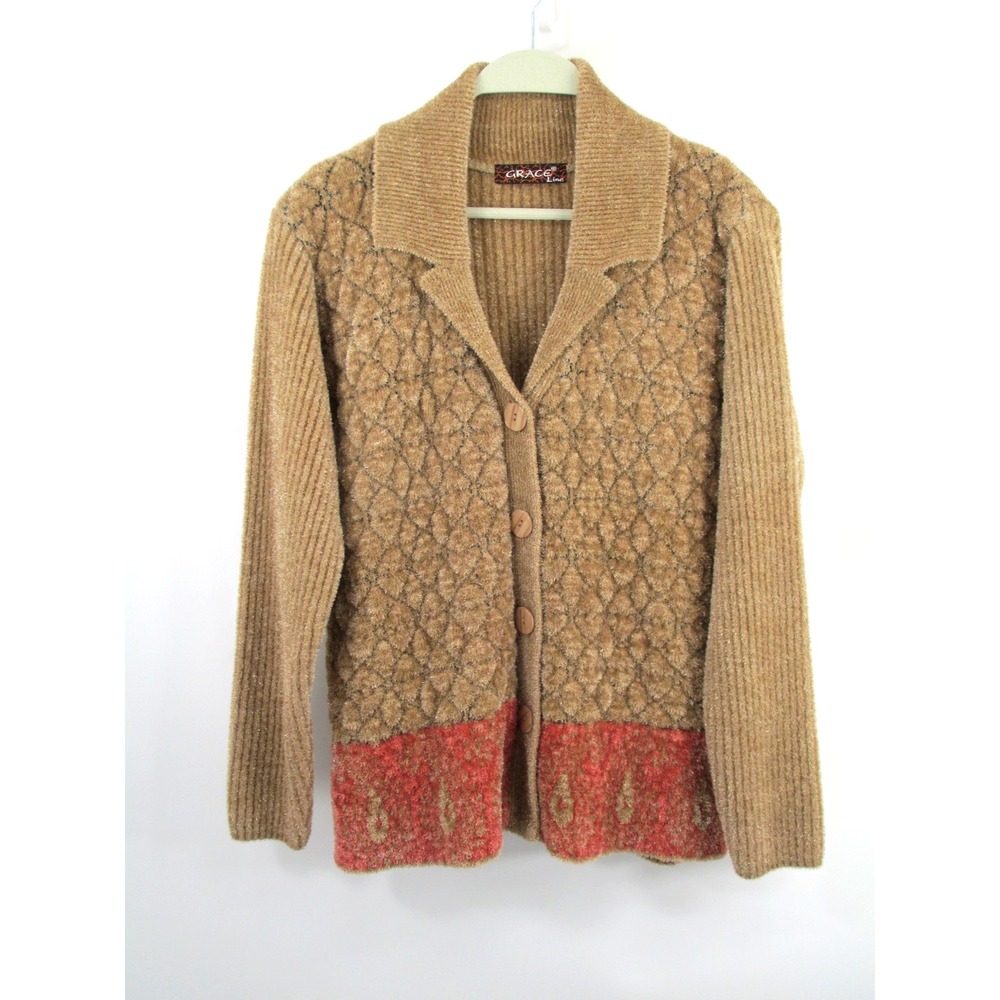 GRACE LINE Cardigan Sweater Women Medium Brown Waffle Knit Button Up Preppy Mom